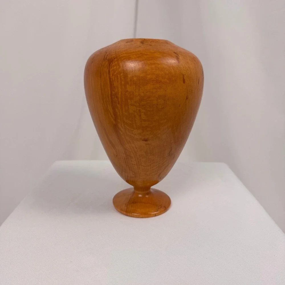 EH Lang Hand Turned Maple Wood Vase Decor Honey Brown Natural Grain Pedestal